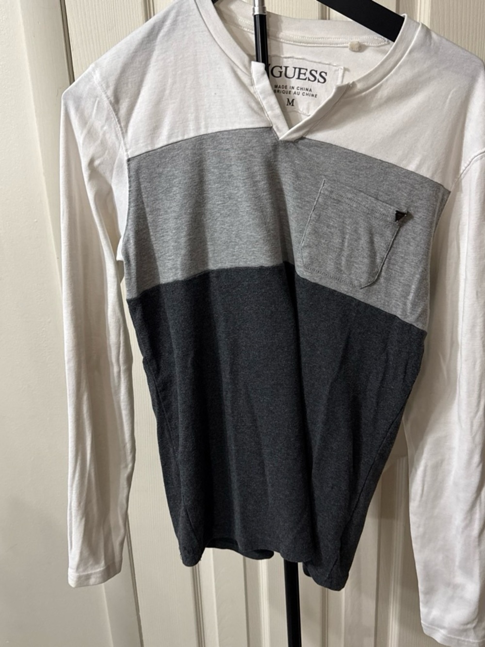 GUESS Men’s Colorblock Crewneck Sweater - White, Light Gray & Charcoal